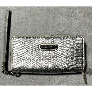 JLO Jennifer Lopez Metallic Silver Python Embossed Wristlet Wallet Clutch